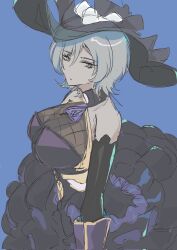 Rule 34 | alternate costume, ascot, black dress, black hat, blue background, blue eyes, breasts, cosplay, detached sleeves, dragalia lost, dress, faust (project moon), fishnets, frostfiresoul, grace (dragalia lost), hat, highres, large breasts, limbus company, project moon, purple ascot, simple background, white hair, witch hat, wizard hat