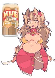 Rule 34 | 1girl, absurdres, animal ears, breasts, breasts apart, can, collar, commentary, cowboy shot, cropped legs, cup, dog, dog girl, drink can, dual wielding, english commentary, english text, headband, highres, holding, holding knife, knife, large breasts, light brown hair, long hair, looking at viewer, mug, mug root beer, navel, open mouth, original, plump, poorsdraws, red collar, red headband, red skirt, root beer, simple background, skirt, solo, spiked collar, spikes, straight-on, teeth, thick thighs, thighs, upper teeth only, white background, yellow eyes