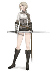 Rule 34 | 1girl, asymmetrical sleeves, black gloves, blonde hair, boots, commentary request, corset, fantasy, full body, gloves, half-swording, highres, holding, holding sword, holding weapon, km yama, low ponytail, open mouth, original, purple eyes, sheath, short shorts, shorts, solo, standing, sword, teeth, thigh strap, upper teeth only, vambraces, weapon, white background