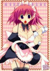 Rule 34 | 1girl, absurdres, black thighhighs, breasts, cleavage, cream, detached sleeves, food, fruit, highres, large breasts, maid, mouth hold, purple eyes, purple hair, sexually suggestive, short hair, solo, strawberry, takanae kyourin, thighhighs