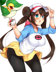 Rule 34 | 1girl, adjusting clothes, adjusting headwear, aqua eyes, arm up, baseball cap, black pantyhose, blush, breasts, brown hair, commentary request, cowboy shot, creatures (company), daichi (tokoya), double bun, game freak, gen 5 pokemon, hair between eyes, hair bun, hand up, hat, highres, holding, holding poke ball, large breasts, leaning forward, long hair, long sleeves, miniskirt, nintendo, open mouth, pantyhose, poke ball, poke ball (basic), pokemon, pokemon (creature), pokemon bw2, raglan sleeves, red eyes, rosa (pokemon), shirt, sidelocks, simple background, skirt, snivy, standing, t-shirt, thighs, twintails, v-shaped eyebrows, very long hair, watch, white background, white headwear, white shirt, wristwatch, yellow skirt