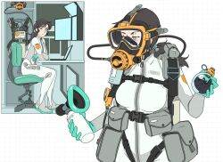 Rule 34 | 1girl, barcode, belt pouch, bodysuit, bottle, brown hair, chair, checkered background, commander rab(layer industries), computer, diving regulator, gauge, gloves, green gloves, grey bodysuit, grey eyes, grid background, highres, holding, holding bottle, holding mask, hose, laptop, latex, latex gloves, mask, medium hair, multiple views, on chair, original, oxygen mask, oxygen tank, ponytail, pouch, rubber gloves, safety pin, scar, scar on face, scar on forehead, scuba, scuba gear, scuba tank, sitting, skin tight, strap, surveillance, thigh pouch, two-tone bodysuit, valve