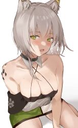Rule 34 | animal ears, arknights, arm under breasts, bare shoulders, blush, breasts, cat ears, cleavage, collarbone, dress, green dress, green eyes, grey hair, highres, kal&#039;tsit (arknights), kneeling, large breasts, long hair, looking at viewer, material growth, open mouth, oripathy lesion (arknights), otsumami (02mami), short dress, simple background, solo, sweat, white background