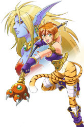 Rule 34 | alternate form, animal ears, bandages, blonde hair, blue skin, boots, breath of fire, breath of fire ii, bustier, capcom, cat ears, colored skin, duplicate, earrings, facial mark, green eyes, jewelry, no panties, pixel-perfect duplicate, pointy ears, red eyes, red hair, rinpoo chuan, simple background, slit pupils, smile, staff, tail, tiger ears, tiger tail, topless