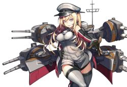 Rule 34 | 10s, 1girl, ankle boots, antennae, bad id, bad twitter id, bare shoulders, bismarck (kancolle), blonde hair, blue eyes, boots, breasts, brown gloves, cannon, cowboy shot, detached sleeves, gloves, grey footwear, grey thighhighs, hand on own hip, hat, jewelry, kantai collection, large breasts, lips, long hair, looking at viewer, machinery, mecha musume, military, military uniform, peaked cap, pink lips, reaching, reaching towards viewer, simple background, smile, solo, standing, standing on one leg, thighhighs, turret, uniform, white background, yuu (higashi no penguin), zettai ryouiki