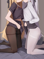 Rule 34 | 2girls, absurdres, bed sheet, black pantyhose, black sailor collar, black shirt, black skirt, closed mouth, clothes lift, commentary request, hair ribbon, head out of frame, highres, kneeling, lifting own clothes, long hair, long sleeves, midriff peek, multiple girls, niliu chahui, on bed, original, pantyhose, ribbon, sailor collar, school uniform, shirt, short sleeves, sidelocks, skirt, skirt lift, smile, tokisaki asaba (niliu chahui), tokisaki mio (niliu chahui), very long hair, white pantyhose, white sailor collar, white shirt