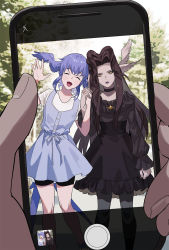 Rule 34 | 2girls, ^ ^, ^o^, alternate costume, alternate form, arm at side, bird girl, bird tail, bird wings, black dress, black hair, black lips, black nails, black pantyhose, black shorts, blue dress, blue hair, buttons, byuub, cellphone, cellphone photo, child, closed eyes, contemporary, day, dress, expressionless, facing viewer, feathered wings, feet out of frame, final fantasy, final fantasy xiv, frilled dress, frilled sleeves, frills, goth fashion, hair intakes, hand up, hands up, head wings, hermes (ff14), highres, holding, holding hands, holding phone, interlocked fingers, jewelry, long hair, long sleeves, looking at viewer, meteion, multiple girls, multiple wings, nail polish, necklace, out of frame, outdoors, pantyhose, phone, pinafore dress, shirt, short hair, short sleeves, shorts, siblings, sisters, sleeveless, sleeveless dress, smartphone, smile, standing, tail, taking picture, the endsinger, tree, white shirt, wings, yellow eyes