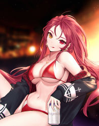 Rule 34 | 1girl, :q, bare shoulders, beer can, bikini, black jacket, breasts, can, cleavage, drink can, earrings, hair down, heterochromia, highres, hololive, houshou marine, houshou marine (summer), jacket, jewelry, large breasts, long hair, looking at viewer, navel, necklace, off shoulder, open clothes, open jacket, red bikini, red eyes, red hair, siun, solo, stomach, strap gap, string bikini, swimsuit, thighs, tongue, tongue out, virtual youtuber, yellow eyes