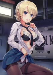 Rule 34 | 10s, 1girl, black necktie, black pantyhose, blonde hair, blue eyes, blue skirt, bow, bow panties, bra, braid, breasts, clothes lift, collarbone, collared shirt, crotch seam, darjeeling (girls und panzer), finger to mouth, girls und panzer, highres, lace, lace-trimmed bra, lace trim, lifted by self, looking at viewer, loose necktie, military, military vehicle, motor vehicle, n.g., necktie, open clothes, open mouth, panties, panties under pantyhose, pantyhose, pleated skirt, shirt, sitting, skirt, skirt lift, smile, solo, swept bangs, tank, thighband pantyhose, unbuttoned, unbuttoned shirt, underwear, white shirt