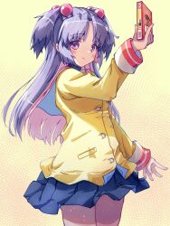 Rule 34 | 1girl, akayama yukihe, arm at side, blazer, blue hair, blue skirt, blush, clannad, closed mouth, commentary, cowboy shot, floating clothes, food, hair bobbles, hair ornament, highres, hikarizaka private high school uniform, holding, holding food, holding pocky, horns, ichinose kotomi, jacket, long hair, long sleeves, looking at viewer, miniskirt, parted bangs, pleated skirt, pocky, purple eyes, school uniform, sheep horns, simple background, skirt, smile, solo, straight hair, two side up, yellow background, yellow jacket