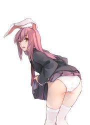 Rule 34 | 1girl, animal ears, ass, bent over, blush, clothes lift, female focus, from behind, leaning forward, long hair, looking back, open mouth, panties, pink hair, purple hair, rabbit ears, red eyes, reisen udongein inaba, simple background, skirt, skirt lift, solo, thighhighs, touhou, underwear, upskirt, white panties, white thighhighs, xiao qiang (overseas)