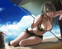 Rule 34 | 1girl, absurdres, abys, alternate costume, bare shoulders, beach, belt, bikini, black belt, breasts, collarbone, commentary request, dated, day, expressionless, full body, girls&#039; frontline, green bikini, green eyes, green shorts, hair between eyes, halo, highres, large breasts, lips, long hair, looking at viewer, lying, ocean, outdoors, parted lips, shorts, sideboob, signature, solo, swimsuit, ump40 (girls&#039; frontline), underboob