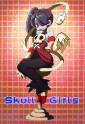 Rule 34 | 1girl, bare shoulders, blue hair, blue skin, colored skin, detached sleeves, dress, leviathan (skullgirls), sitting, skullgirls, squigly (skullgirls), striped, striped sleeves, zombie
