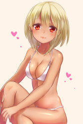 Rule 34 | 1girl, bare arms, bare legs, bare shoulders, bikini, blonde hair, breasts, cleavage, closed mouth, collarbone, eyebrows, head tilt, heart, highres, leg up, looking at viewer, medium breasts, miyashiro, original, pink lips, red eyes, short hair, simple background, sitting, solo, stomach, swimsuit, tareme, thighs, white bikini, yellow background