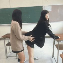 Rule 34 | 2girls, animated, animated gif, arched back, asian, ass, bent over, blazer, chalkboard, classroom, desk, doggystyle, dry humping, hands on own hips, humping, jacket, long hair, lowres, multiple girls, photo (medium), school, school uniform, sex, sex from behind, skirt, torso grab, yuri