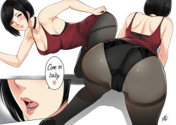 Rule 34 | 1girl, ada wong, all fours, armpits, ass, bad id, bad pixiv id, black bra, black choker, black hair, black panties, black pantyhose, blush, bob cut, bra, breasts, brown hair, cameltoe, capcom, choker, cleavage, cleft of venus, collarbone, commentary, cut-in, dress, earrings, english commentary, english text, from behind, from side, heart, jewelry, large breasts, looking at viewer, multiple views, open mouth, panties, pantyhose, presenting, red dress, resident evil, resident evil 2, resident evil 2 (remake), see-through, shadow, short hair, signature, simple background, speech bubble, spoken heart, thighband pantyhose, tongue, tongue out, underwear, white background, xter