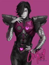 Rule 34 | 1boy, adapted costume, android, armor, black hair, boysquad, colored skin, cowboy shot, english text, grey skin, hair over one eye, hand on own hip, heart, joints, looking at viewer, male focus, mettaton, mettaton ex, pauldrons, pink background, purple eyes, realistic, robot, robot joints, shoulder armor, simple background, solo, standing, undertale, watermark, web address