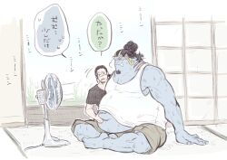 Rule 34 | 2boys, bara, belly grab, big belly, black hair, blue skin, colored skin, crocodile (one piece), curly eyebrows, electric fan, facial hair, fat, fat man, from side, gills, goatee, highres, hot, interspecies, jinbe (one piece), large pectorals, long sideburns, male focus, midriff peek, motion lines, multiple boys, muscular, muscular male, one piece, pectorals, short hair, shorts, sideburns, sitting, size difference, sweat, tank top, thick eyebrows, translation request, tusks, veins, veiny arms, very sweaty, white tank top, y y ko, yaoi