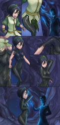 Rule 34 | 1boy, 1girl, angry, arm across chest, arm behind head, avatar: the last airbender, avatar legends, black hair, blind, bracelet, breasts, cave, dissolving clothes, evil smile, faceless, faceless male, green eyes, hairband, highres, ibenz009, jewelry, navel, nickelodeon, petrification, scared, small breasts, smile, toph bei fong