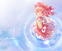 Rule 34 | 10s, 1girl, 2011, artist name, bow, bubble skirt, dated, dress, gloves, hair bow, highres, jewelry, jinn avalon, kaname madoka, magical girl, mahou shoujo madoka magica, mahou shoujo madoka magica (anime), necklace, pink dress, pink eyes, pink hair, pink skirt, skirt, solo, soul gem, twintails, white gloves
