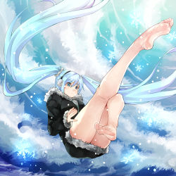 Rule 34 | 1girl, ass, bare legs, barefoot, black dress, blue eyes, blue hair, blue sky, blush, closed mouth, cloud, cloudy sky, day, dress, earmuffs, eiji (eiji), feet, fingernails, foot focus, foreshortening, full body, fur-trimmed sleeves, fur trim, hair between eyes, hatsune miku, legs up, long hair, long sleeves, looking at viewer, outdoors, sky, sleeves past wrists, snowflakes, snowing, soles, solo, twintails, very long hair, vocaloid