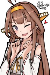 Rule 34 | 1girl, ahoge, artist name, brown hair, dated, detached sleeves, double bun, hairband, headgear, highres, kantai collection, kongou (kancolle), kongou kai ni (kancolle), long hair, looking at viewer, nontraditional miko, one eye closed, open mouth, purple eyes, ribbon-trimmed sleeves, ribbon trim, simple background, smile, solo, tiemu (man190), twitter username, white background