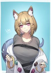 Rule 34 | 1girl, animal ear fluff, animal ears, arknights, belt, black belt, black nails, blue background, breasts, brown hair, chinese commentary, commentary request, dated, grey shirt, hair ornament, hairclip, head tilt, highres, jacket, large breasts, looking at viewer, nail polish, off shoulder, open clothes, open jacket, pink eyes, shirt, short hair, simple background, smile, solo, tail, upper body, utage (arknights), white jacket, yumero