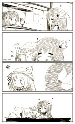 Rule 34 | 0 0, 3girls, 4koma, :d, :t, = =, animal ears, azur lane, blush, cat ears, closed mouth, coin purse, comic, commentary request, crossover, ears through headwear, eating, flying sweatdrops, greyscale, hair between eyes, hair ornament, hair ribbon, hat, unworn hat, unworn headwear, heart, highres, historical name connection, holding, holding spoon, indoors, kantai collection, kisaragi (azur lane), kisaragi (kancolle), long hair, mamiya (kancolle), monochrome, multiple girls, name connection, open mouth, parfait, ribbon, school hat, school uniform, serafuku, shirt, short sleeves, silent comic, smile, spoon, table, very long hair, yagami kamiya