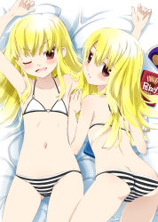 Rule 34 | 2girls, ;d, armpits, arms up, ass, back, bad id, bad pixiv id, bikini, blonde hair, blush, brand name imitation, brandname parody, brown eyes, butt crack, collarbone, flat chest, food, from behind, highres, long hair, looking back, lying, md5 mismatch, multiple girls, navel, noto (soranoto), o-ring, o-ring top, on back, one eye closed, open mouth, original, pocky, siblings, sisters, smile, striped bikini, striped clothes, swimsuit, twins, wink