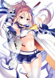 Rule 34 | 1girl, armpits, ayanami (azur lane), azur lane, breasts, choker, commentary request, detached sleeves, hair ornament, hairclip, has bad revision, has downscaled revision, headgear, highres, holding, holding sword, holding weapon, long hair, looking at viewer, machinery, md5 mismatch, miniskirt, navel, orange eyes, parted lips, pleated skirt, ponytail, resolution mismatch, satou (3366 s), school uniform, serafuku, silver hair, simple background, skirt, small breasts, solo, source smaller, sword, underboob, weapon, wide sleeves