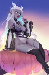 Rule 34 | 1girl, absurdres, arm support, blue eyes, breasts, commission, detached sleeves, feet out of frame, grey hair, hair between eyes, high heels, highres, horns, indie virtual youtuber, leotard, lips, long hair, looking at viewer, maeve (vtuber), maewix, maewix (artist), multiple horns, nose, over-kneehighs, parted lips, pointy ears, sitting, solo, teeth, thigh strap, thighhighs, very long hair, virtual youtuber