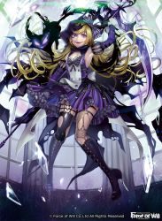 Rule 34 | 1girl, bare shoulders, blonde hair, boots, bow, bowtie, cat, copyright name, crystal, force of will, full body, high heel boots, high heels, long hair, official art, open mouth, piercing, scythe, solo, teeth, thighhighs, window