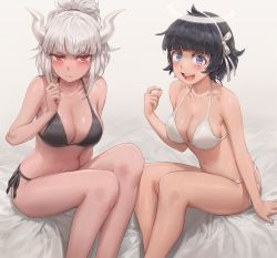 Rule 34 | 2girls, :d, absurdres, angel, angel and devil, azazel (helltaker), bare arms, bare shoulders, bed sheet, bikini, black bikini, black hair, blue eyes, blunt bangs, breasts, cleavage, closed mouth, collarbone, commentary, demon horns, free style (yohan1754), frown, hair ribbon, halo, halterneck, helltaker, highres, horns, large breasts, long hair, looking at viewer, lucifer (helltaker), mole, mole under eye, multiple girls, navel, open mouth, ponytail, red eyes, ribbon, short hair, side-tie bikini bottom, simple background, sitting, smile, stomach, string bikini, swimsuit, thighs, v-shaped eyebrows, white background, white bikini, white hair, white horns