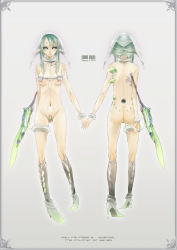 Rule 34 | 1girl, android, ass, bad id, bad pixiv id, barcode, black sclera, breasts, character sheet, colored sclera, crystal, cyber-punk, cyber punk, cyberpunk, gigandal federation, green eyes, green hair, high heels, highres, long hair, medium breasts, multiple views, navel, nude, pixiv fantasia, pixiv fantasia 3, pointy ears, reika (artist), reika (clovia studio), shoes, turnaround, wings