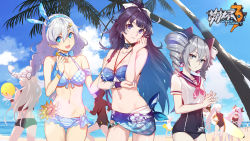 Rule 34 | 6+girls, alternate costume, armpit crease, ass, ball, bare shoulders, beach, beachball, bikini, blindfold, blue bikini, blue eyes, blue hairband, blue ribbon, blue sky, blush, bow, braid, breasts, bronya zaychik, choker, cleavage, closed mouth, clothes writing, cloud, collarbone, covered navel, day, drill hair, earrings, floral print, flower, grey eyes, groin, hair between eyes, hair bow, hair ornament, hairband, halterneck, hand on own elbow, hand up, highres, holding, holding ball, holding beachball, holding jewelry, holding necklace, holding surfboard, honkai (series), honkai impact 3rd, jewelry, kiana kaslana, large breasts, logo, long hair, looking at viewer, medium breasts, multiple girls, nail polish, navel, neck ribbon, neckerchief, necklace, ocean, official art, one-piece swimsuit, open mouth, outdoors, own hands together, parted lips, pink neckwear, playing with own hair, ponytail, purple eyes, purple hair, purple nails, purple one-piece swimsuit, raiden mei, ribbon, running, sailor collar, sailor shirt, sand, sarong, school swimsuit, shirt, side braid, sidelocks, silver hair, sky, smile, star (symbol), star hair ornament, stomach, strap, sunflower, surfboard, swimsuit, thighs, twin braids, twin drills, twintails, very long hair, white ribbon, wristband