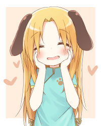 Rule 34 | 1girl, :d, ^ ^, animal ears, ayanepuna, blonde hair, blue dress, blush, brown background, china dress, chinese clothes, closed eyes, dog ears, dress, hands on own face, head tilt, heart, long hair, open mouth, original, parted bangs, puffy short sleeves, puffy sleeves, short sleeves, smile, solo, two-tone background, upper body, very long hair, white background