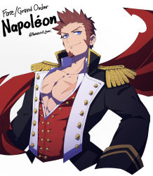 Rule 34 | 1boy, abs, beard, blue eyes, brown hair, collar, cropped torso, epaulettes, facial hair, fate/grand order, fate (series), fringe trim, goatee, jacket, large pectorals, long sideburns, long sleeves, looking at viewer, pectoral cleavage, male focus, muscular, napoleon bonaparte (fate), neo kabocha, open clothes, open jacket, open shirt, pectorals, scar, sideburns, smile, solo, unbuttoned