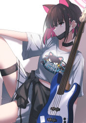 Rule 34 | 1girl, absurdres, bass guitar, belt, black mask, blue archive, cardigan, cardigan around waist, clothes around waist, colored inner animal ears, colored inner hair, extra ears, fender jazz bass, halo, highres, instrument, jacket, jacket around waist, kazusa (band) (blue archive), kazusa (blue archive), kiyakyuu, mask, mask lift, mask pull, mouth mask, multicolored hair, pink halo, print shirt, shirt, solo, thigh belt, thigh strap