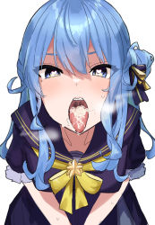 Rule 34 | 1girl, blue eyes, blue hair, blush, cum, cum in mouth, heart, heart-shaped pupils, highres, hime apple, hololive, hoshimachi suisei, looking at viewer, open mouth, simple background, solo, stray pubic hair, symbol-shaped pupils, uvula, virtual youtuber, white background