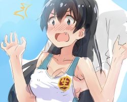 Rule 34 | 1girl, ^^^, aqua eyes, artist request, black hair, blue background, blush, grabbing another&#039;s breast, breasts, cleavage, collarbone, fang, ganaha hibiki, grabbing, gradient background, idolmaster, idolmaster (classic), large breasts, long hair, nose blush, open mouth, shirt, sketch, sleeveless, sleeveless shirt, solo focus, tank top