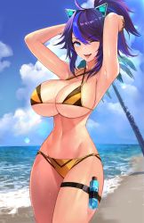 Rule 34 | 1girl, absurdres, animal ears, arm behind head, beach, bikini, blue eyes, blue hair, bottle, breasts, cat ears, cleavage, commentary, fake animal ears, halterneck, halterneck, highres, kson, large breasts, long hair, looking at viewer, maro2ki3, multicolored hair, navel, one eye closed, open mouth, palm tree, piercing, ponytail, purple hair, sand, souchou, streaked hair, swimsuit, thigh strap, tongue, tongue out, tongue piercing, tree, virtual youtuber, vshojo, water, water bottle, yellow bikini