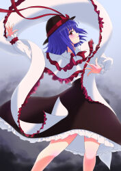 Rule 34 | 1girl, absurdres, ascot, black hat, bow, dancing, feet out of frame, frilled ribbon, frilled sleeves, frills, hat, hat bow, hat ribbon, highres, kspica i, long sleeves, multicolored background, nagae iku, profile, puffy long sleeves, puffy sleeves, purple hair, red ascot, red bow, red eyes, ribbon, short hair, solo, touhou, two-tone ribbon, white ribbon, white sleeves