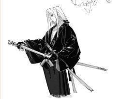 Rule 34 | 1boy, alternate costume, black gloves, black kimono, black ribbon, chinese commentary, commentary request, cropped legs, cuntouxiaoyeju, expressionless, final fantasy, final fantasy vii, from side, gloves, greyscale, hair ribbon, holding, holding sword, holding weapon, japanese clothes, katana, kimono, long hair, looking down, low ponytail, male focus, monochrome, pectoral cleavage, pectorals, ribbon, sash, scabbard, sephiroth, sheath, solo, sword, upper body, weapon, weibo username