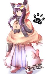 Rule 34 | 10s, 1girl, 2015, animal ears, animal hood, blush, book, cat day, cat ears, cat hood, crescent, crescent hair ornament, dated, dress, hair ornament, highres, hood, long hair, looking at viewer, orinpachu, patchouli knowledge, paw print, poncho, purple eyes, purple hair, scarf, shoes, solo, touhou, tsurime