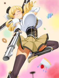 Rule 34 | 10s, 1girl, blonde hair, blurry, blush, boots, bouncing breasts, breasts, candy, corset, depth of field, drill hair, dual wielding, elbow gloves, fingerless gloves, food, gloves, gun, hair ornament, hat, holding, huge breasts, kawanuma uotsuri, long hair, magical girl, magical musket, mahou shoujo madoka magica, mahou shoujo madoka magica (anime), one eye closed, panties, pantyshot, red eyes, rifle, skirt, smile, solo, thighhighs, tomoe mami, twin drills, twintails, underwear, upskirt, weapon, white panties, wink, yellow eyes