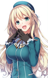 Rule 34 | 1girl, :d, atago (kancolle), beret, black gloves, blonde hair, blue hat, blush, breasts, gloves, green eyes, hat, highres, imachireki, kantai collection, large breasts, long hair, military, military uniform, open mouth, simple background, smile, solo, twitter username, uniform, white background