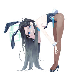 Rule 34 | 1girl, absurdly long hair, absurdres, animal ears, aris (blue archive), bent over, black footwear, black hair, black leotard, blue archive, blue bow, blue bowtie, blue eyes, bow, bowtie, breasts, bright pupils, brown pantyhose, detached collar, full body, halo, high heels, highres, leaning forward, leotard, long hair, one side up, pantyhose, playboy bunny, rabbit ears, rabbit tail, ringed eyes, ryeon (bluetom1), simple background, small breasts, solo, standing, tail, very long hair, white background, white pupils, wrist cuffs