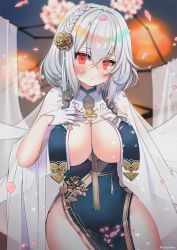 Rule 34 | 1girl, artist name, azur lane, bad id, bad pixiv id, blurry, blurry background, blush, braid, breasts, choker, cleavage, collarbone, commentary request, dress, flower, hair between eyes, hair flower, hair ornament, hanato (seonoaiko), highres, large breasts, looking at viewer, red eyes, short hair, short sleeves, sirius (azur lane), sirius (azure horizons) (azur lane), solo, thighhighs, white hair, white thighhighs