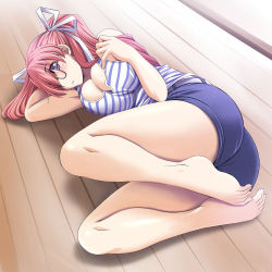 Rule 34 | 1girl, ass, barefoot, breasts, cleavage, feet, glasses, large breasts, log-mi (tonpuu), long hair, looking at viewer, original, pink hair, purple eyes, shorts, solo, tank top, tonpuu, twintails