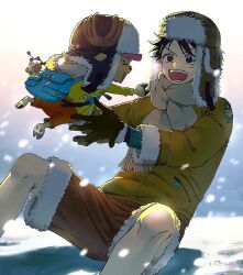 Rule 34 | &gt; &lt;, 2boys, affectionate, antlers, bad id, bad twitter id, bag, black hair, blue bag, coat, commentary, hat, highres, horns, male focus, monkey d. luffy, multiple boys, on ground, one piece, orange pants, pants, red shorts, reindeer antlers, scarf, shorts, shoulder bag, sitting, smile, snow, symbol-only commentary, tony tony chopper, wudus6, yellow coat